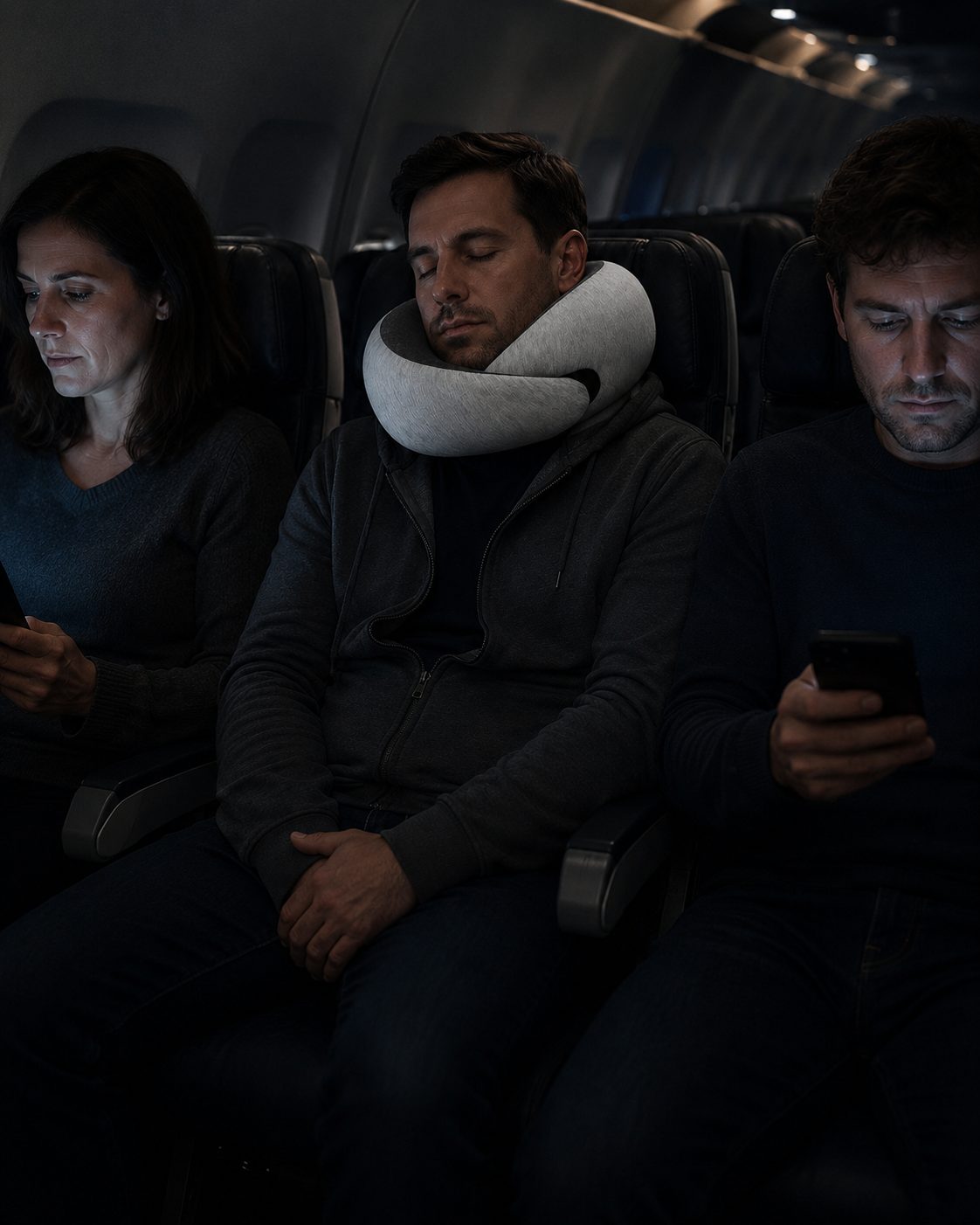 Asleep in a middle seat wearing ROVE+, head held level